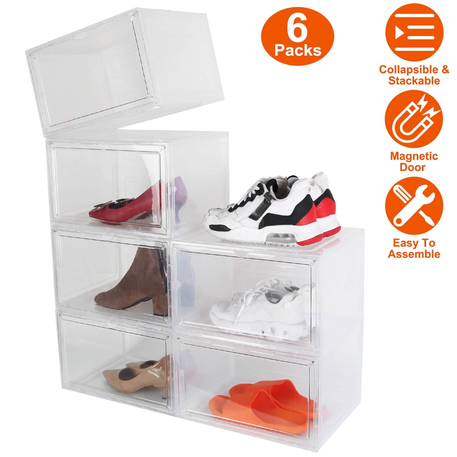 6-Pack: Collapsible Shoe Box Stackable Shoe Storage Bin with Magnetic Door DailySale