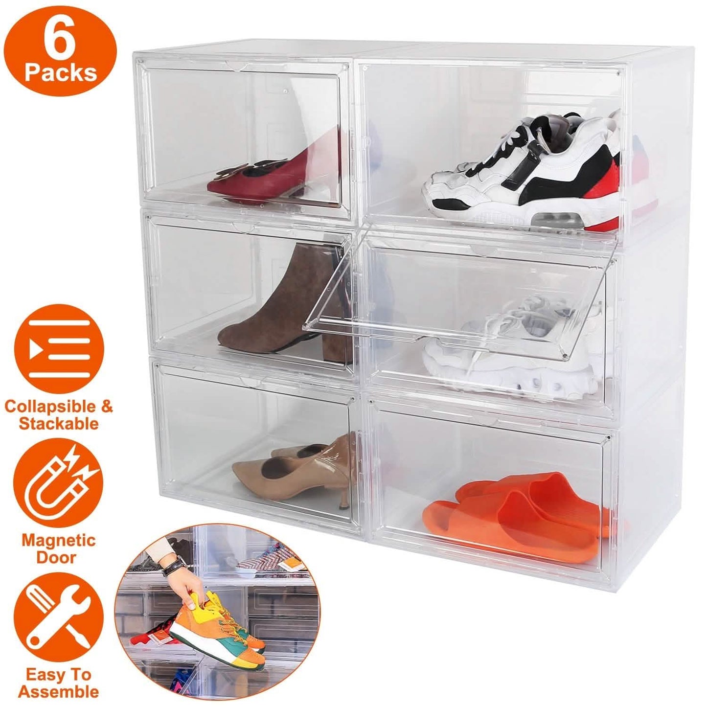 6-Pack: Collapsible Shoe Box Stackable Shoe Storage Bin with Magnetic Door DailySale