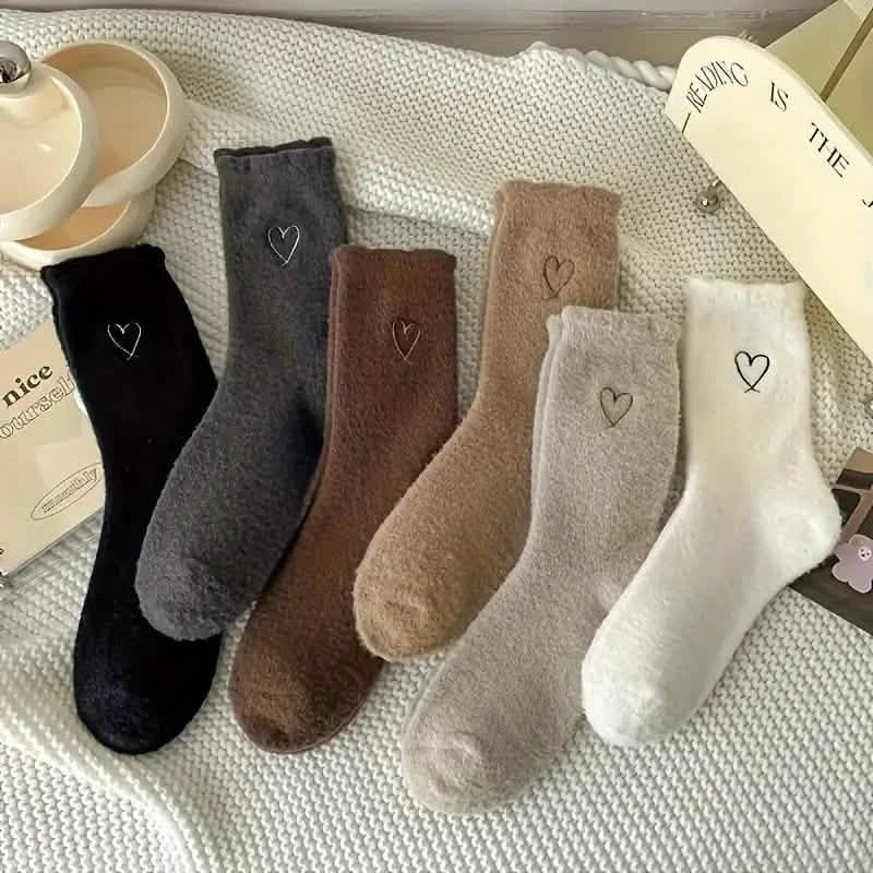 6-Pairs: Ultra Comfy Heart Embroidery Fuzzy Socks, Warm Women's Stockings & Hosiery for Cold Weather DailySale