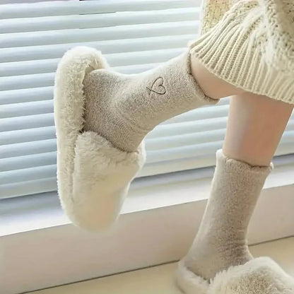 6-Pairs: Ultra Comfy Heart Embroidery Fuzzy Socks, Warm Women's Stockings & Hosiery for Cold Weather DailySale