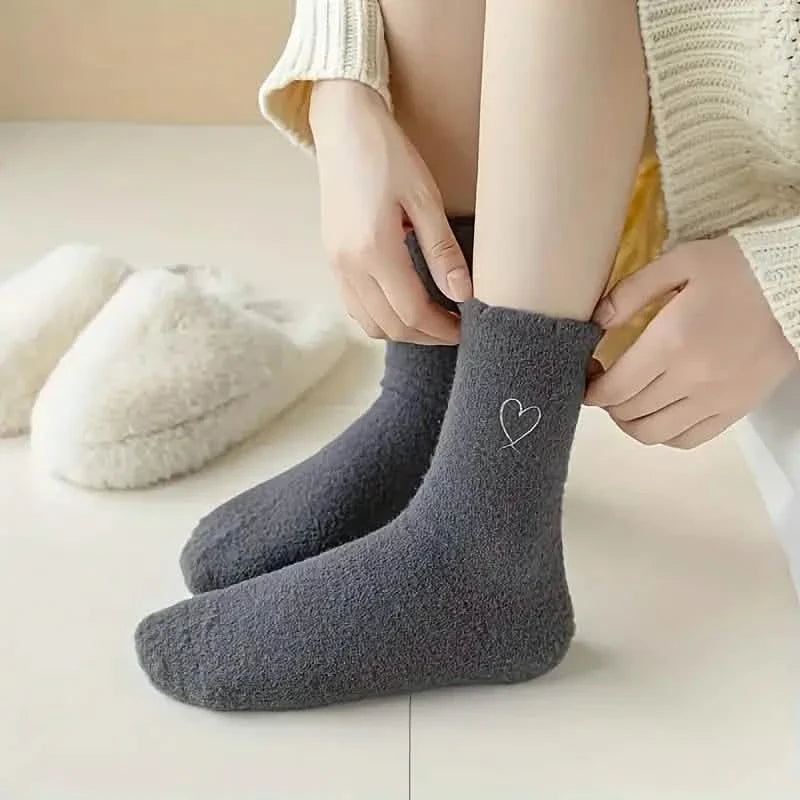 6-Pairs: Ultra Comfy Heart Embroidery Fuzzy Socks, Warm Women's Stockings & Hosiery for Cold Weather DailySale