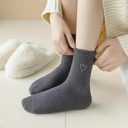 6-Pairs: Ultra Comfy Heart Embroidery Fuzzy Socks, Warm Women's Stockings & Hosiery for Cold Weather DailySale