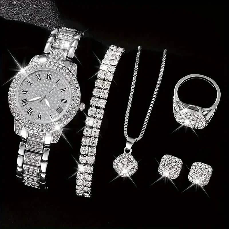 6-Pieces: Elegant Women's Jewelry Set with Quartz Roman Numerals Watch DailySale