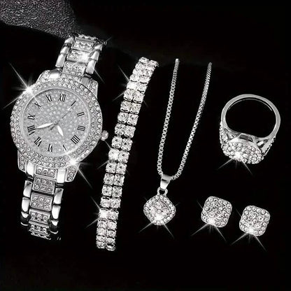 6-Pieces: Elegant Women's Jewelry Set with Quartz Roman Numerals Watch DailySale