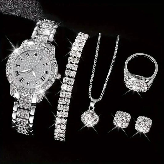 6-Pieces: Elegant Women's Jewelry Set with Quartz Roman Numerals Watch DailySale