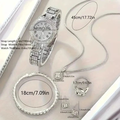 6-Pieces: Elegant Women's Jewelry Set with Quartz Roman Numerals Watch DailySale