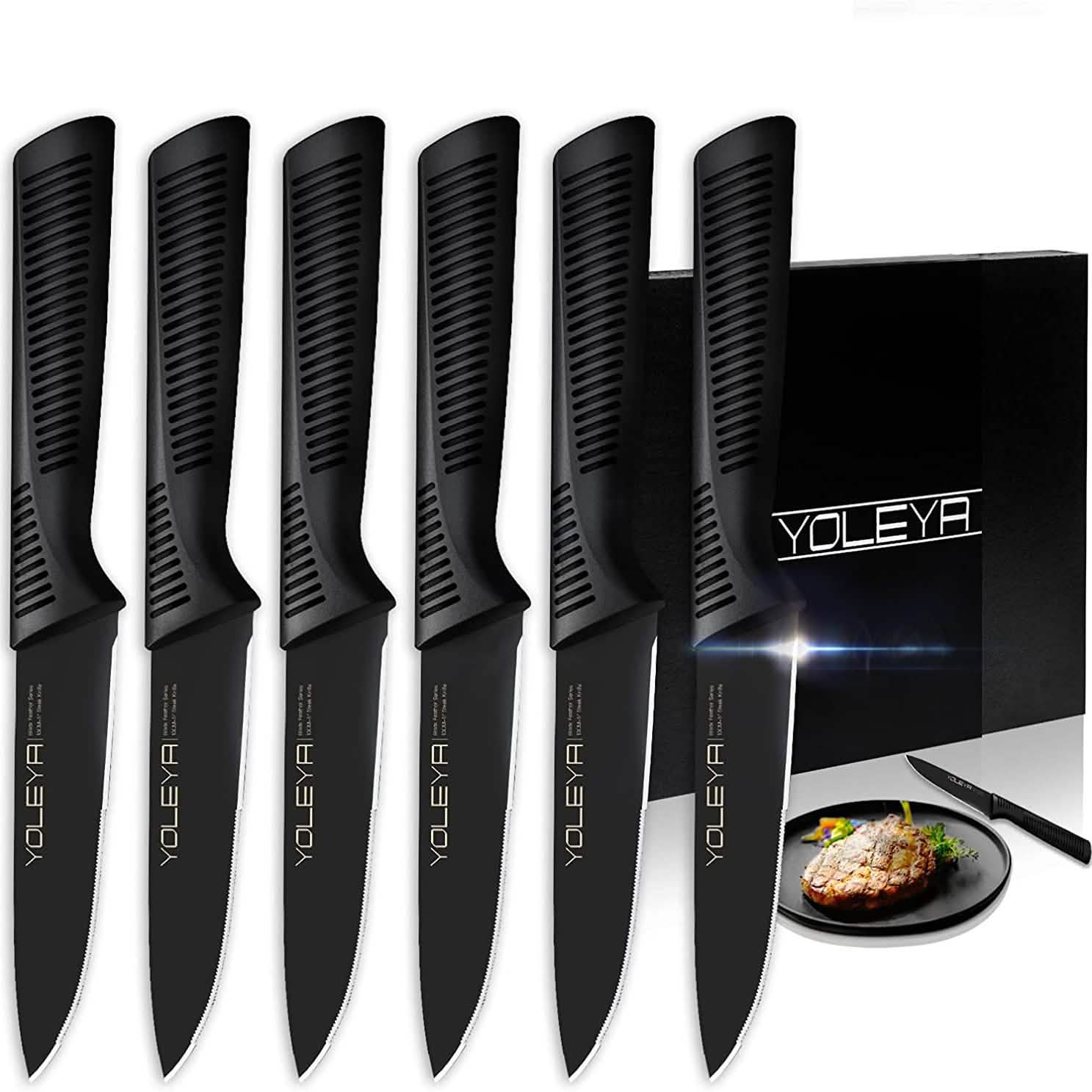 6-Pieces Set: YOLEYA High Carbon German Stainless Steel Black Serrated Steak Knife Set DailySale