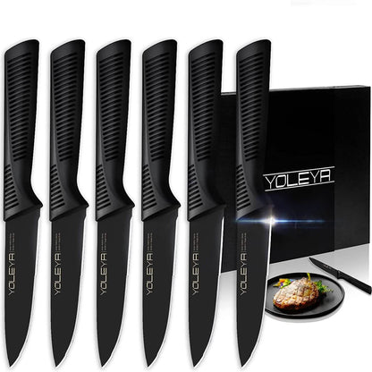 6-Pieces Set: YOLEYA High Carbon German Stainless Steel Black Serrated Steak Knife Set DailySale