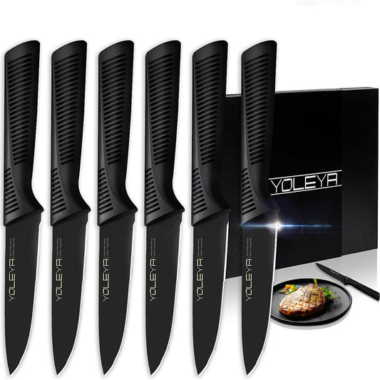 6-Pieces Set: YOLEYA High Carbon German Stainless Steel Black Serrated Steak Knife Set DailySale