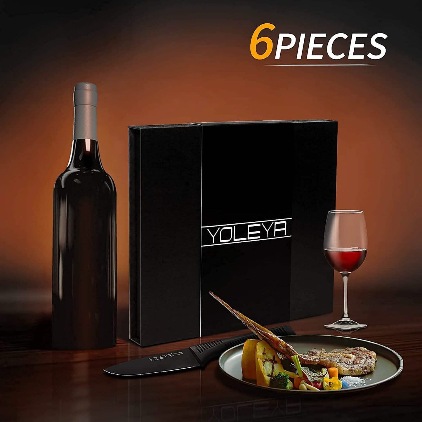 6-Pieces Set: YOLEYA High Carbon German Stainless Steel Black Serrated Steak Knife Set DailySale