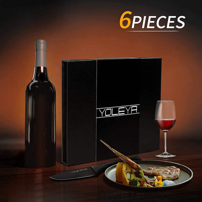 6-Pieces Set: YOLEYA High Carbon German Stainless Steel Black Serrated Steak Knife Set DailySale