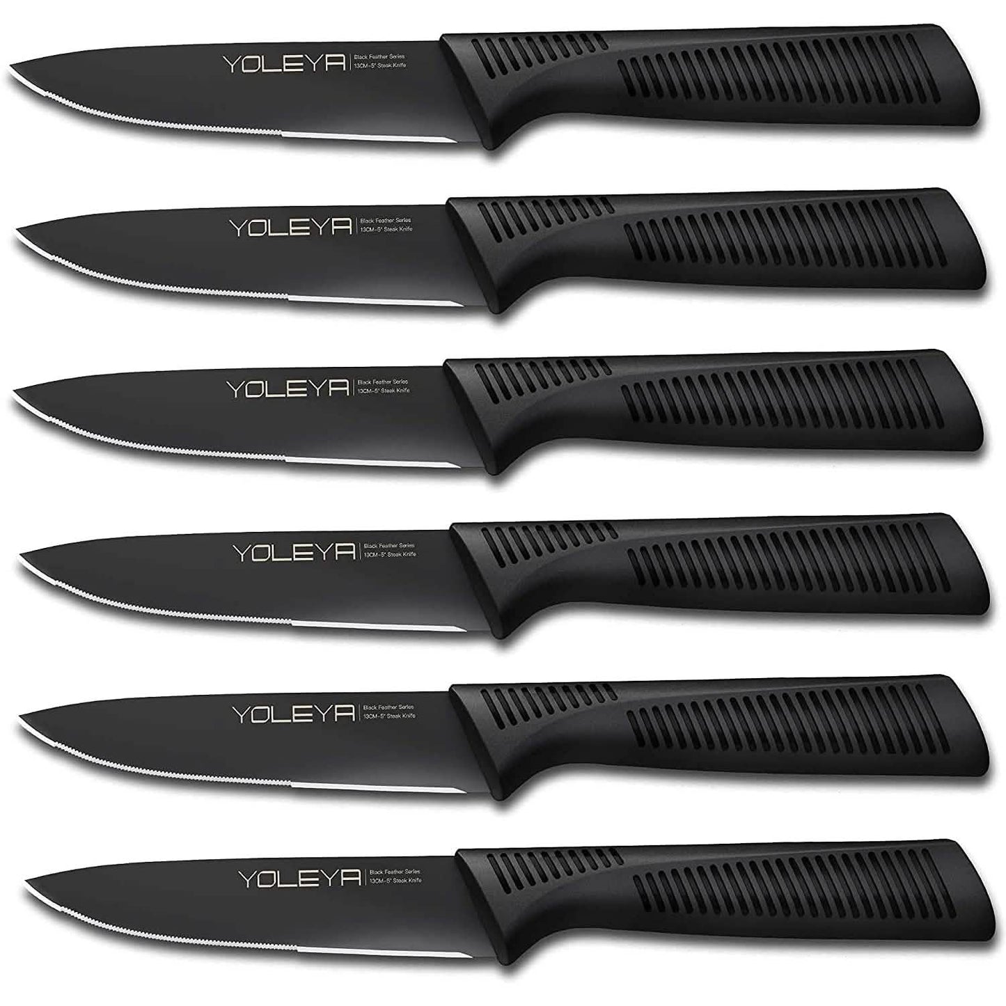 6-Pieces Set: YOLEYA High Carbon German Stainless Steel Black Serrated Steak Knife Set DailySale