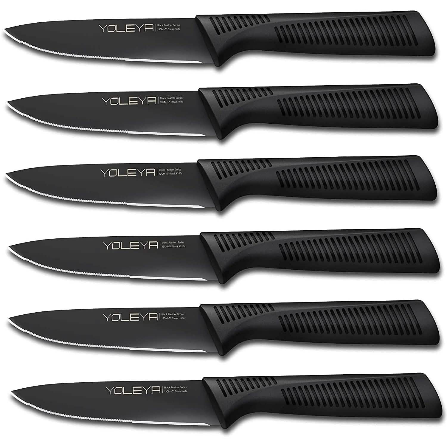 6-Pieces Set: YOLEYA High Carbon German Stainless Steel Black Serrated Steak Knife Set DailySale
