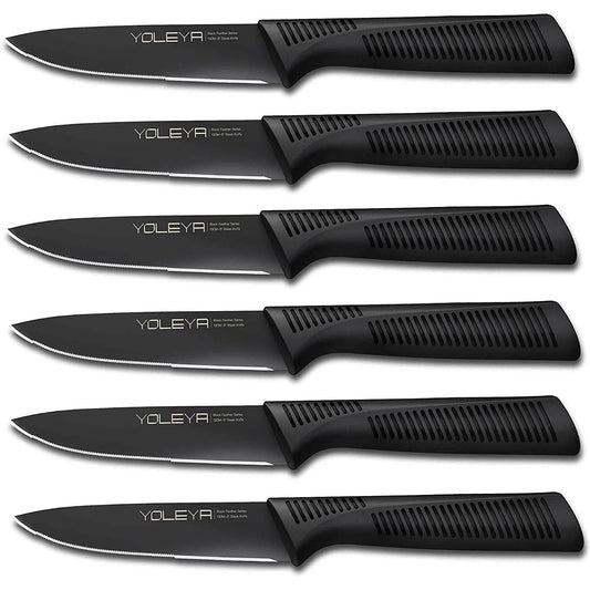 6-Pieces Set: YOLEYA High Carbon German Stainless Steel Black Serrated Steak Knife Set DailySale
