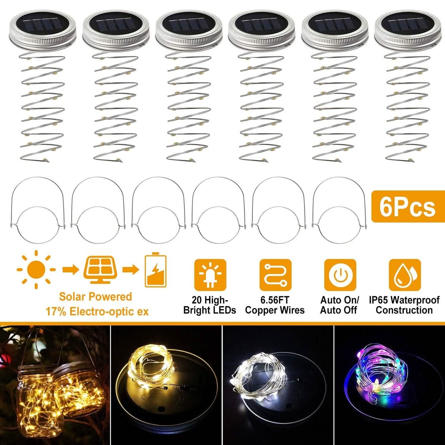 6-Pieces: Solar Powered Mason Jar Lid Lights 20 LEDs DailySale
