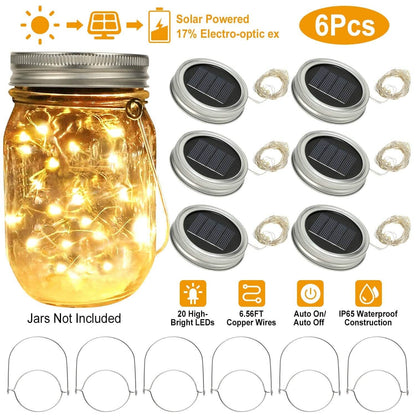 6-Pieces: Solar Powered Mason Jar Lid Lights 20 LEDs DailySale