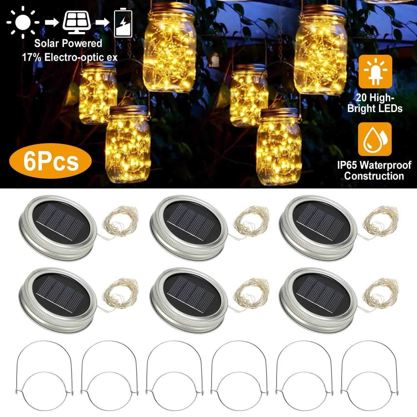 6-Pieces: Solar Powered Mason Jar Lid Lights 20 LEDs DailySale