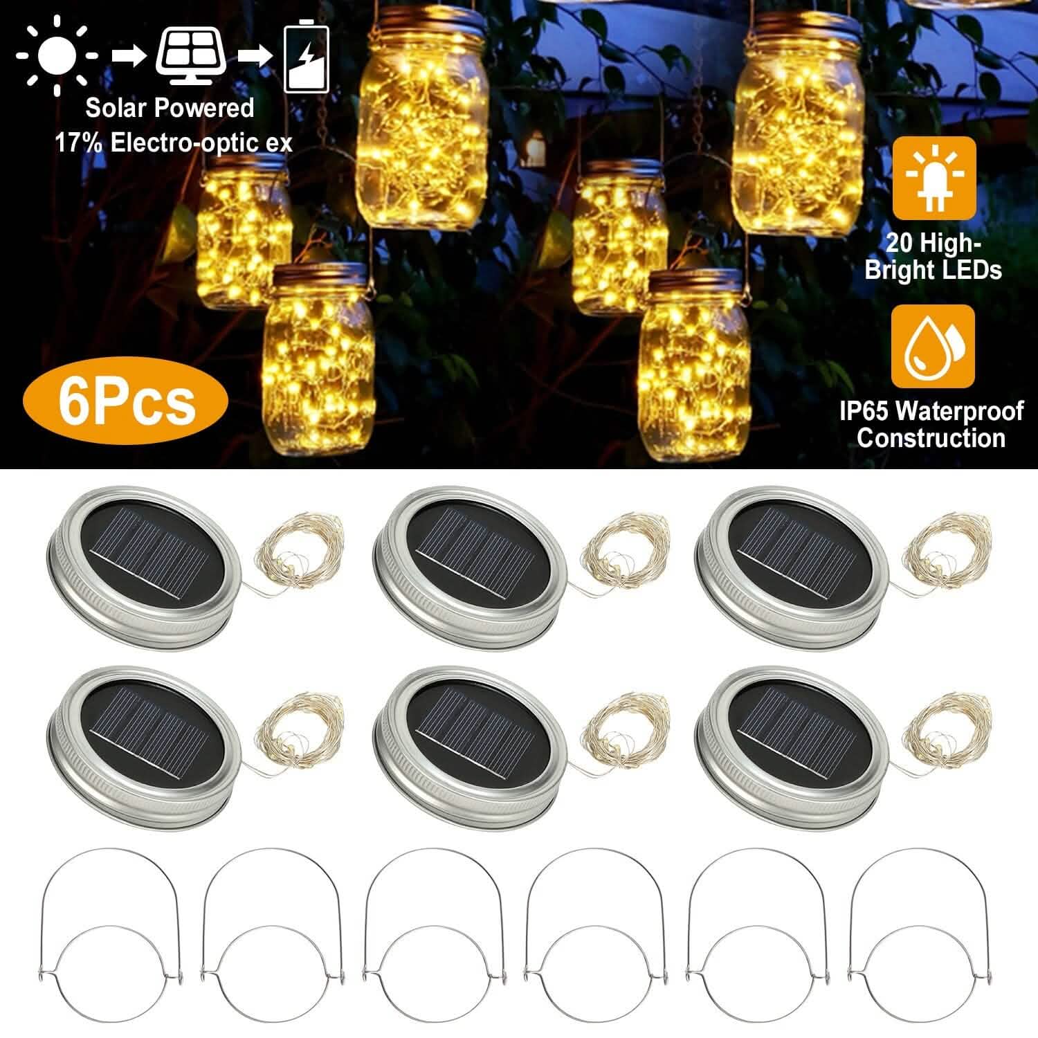 6-Pieces: Solar Powered Mason Jar Lid Lights 20 LEDs DailySale