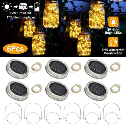 6-Pieces: Solar Powered Mason Jar Lid Lights 20 LEDs DailySale
