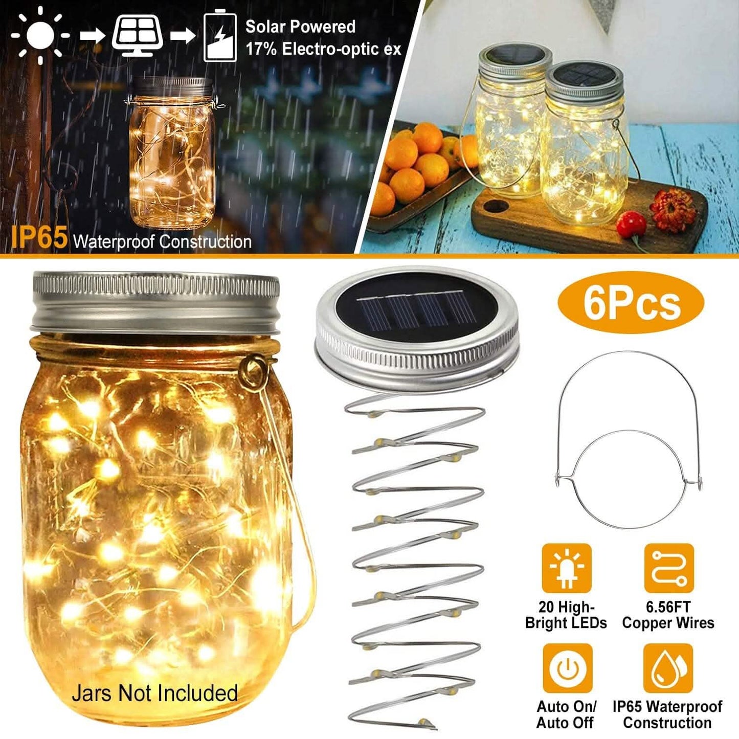 6-Pieces: Solar Powered Mason Jar Lid Lights 20 LEDs DailySale
