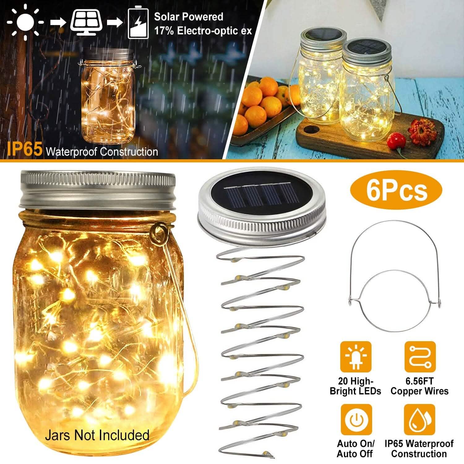 6-Pieces: Solar Powered Mason Jar Lid Lights 20 LEDs DailySale