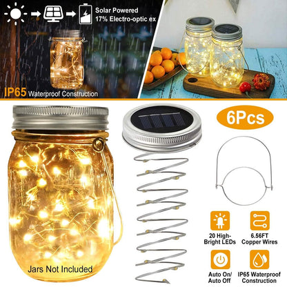 6-Pieces: Solar Powered Mason Jar Lid Lights 20 LEDs DailySale