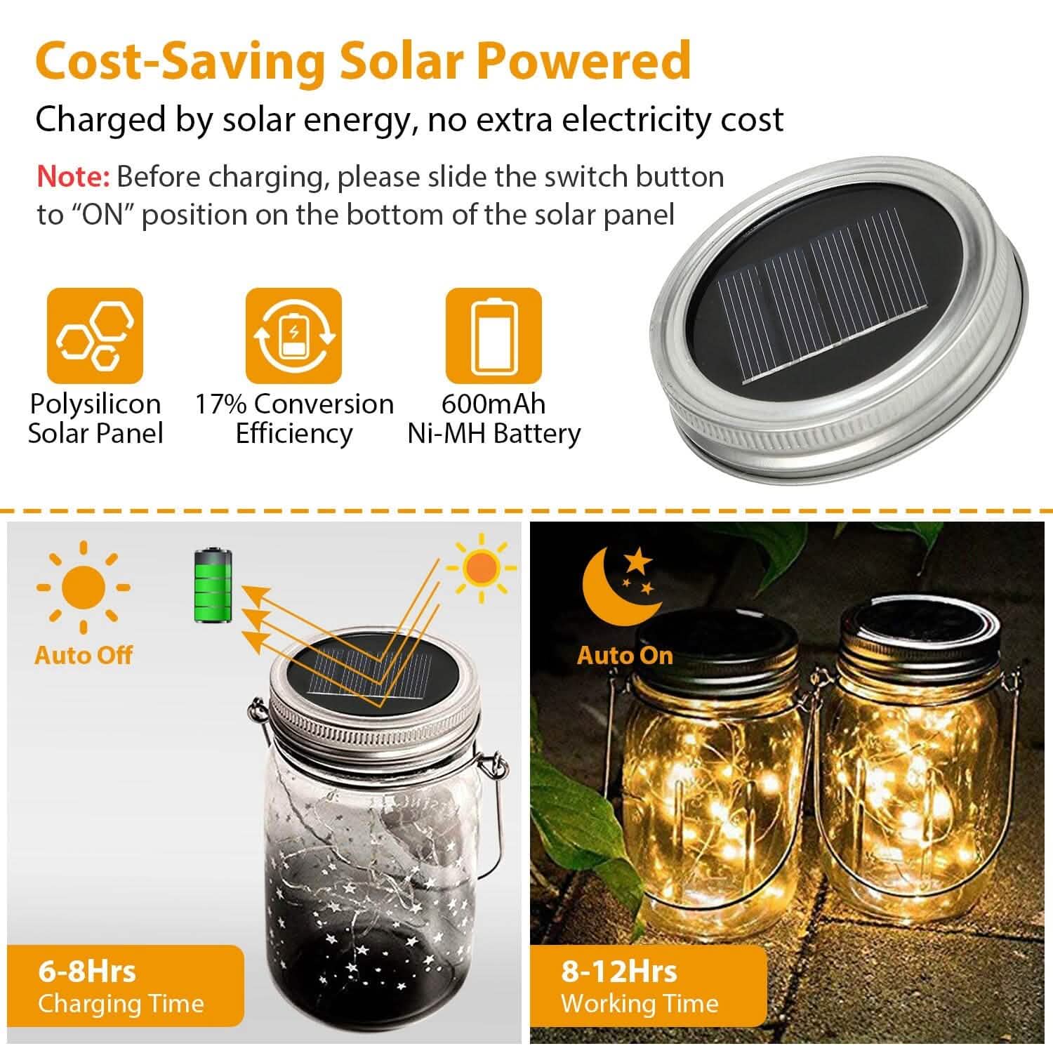 6-Pieces: Solar Powered Mason Jar Lid Lights 20 LEDs DailySale