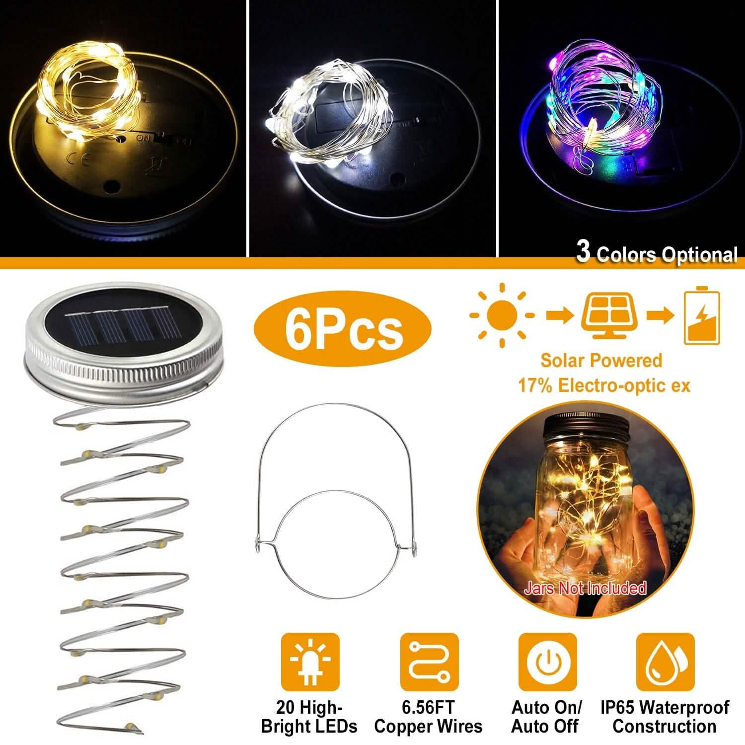 6-Pieces: Solar Powered Mason Jar Lid Lights 20 LEDs DailySale