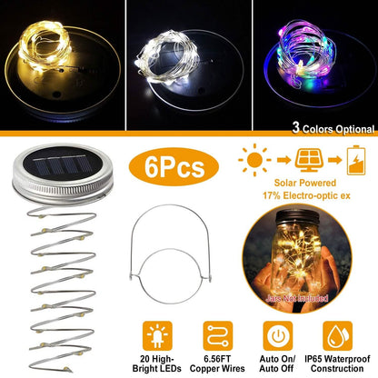 6-Pieces: Solar Powered Mason Jar Lid Lights 20 LEDs DailySale