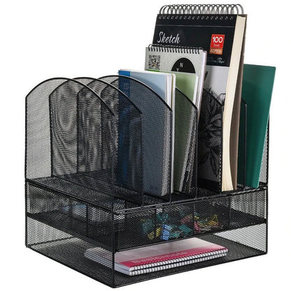 6 Trays 2 Tier Mesh Desk File Sorter Organizer Office Document Holder with Drawer DailySale