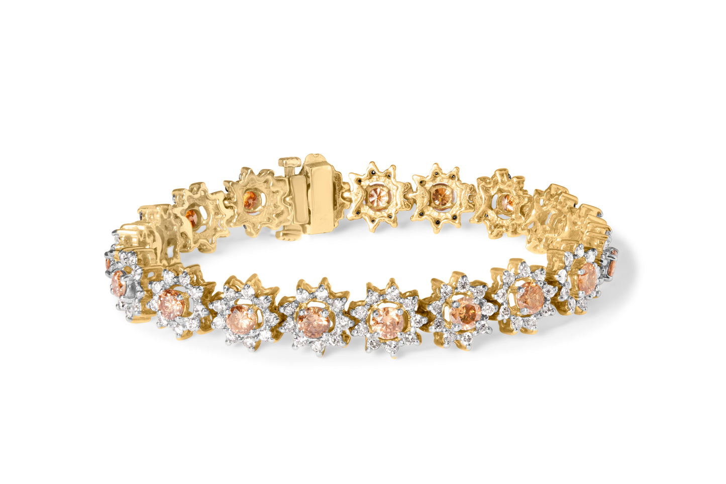14K Yellow Gold 8.00 Cttw Champagne Diamond Floral Cluster Halo Link Bracelet (H-I Color, I1-I2 Clarity) Bids.com