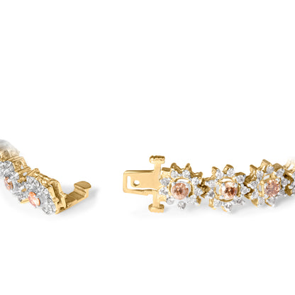 14K Yellow Gold 8.00 Cttw Champagne Diamond Floral Cluster Halo Link Bracelet (H-I Color, I1-I2 Clarity) Bids.com