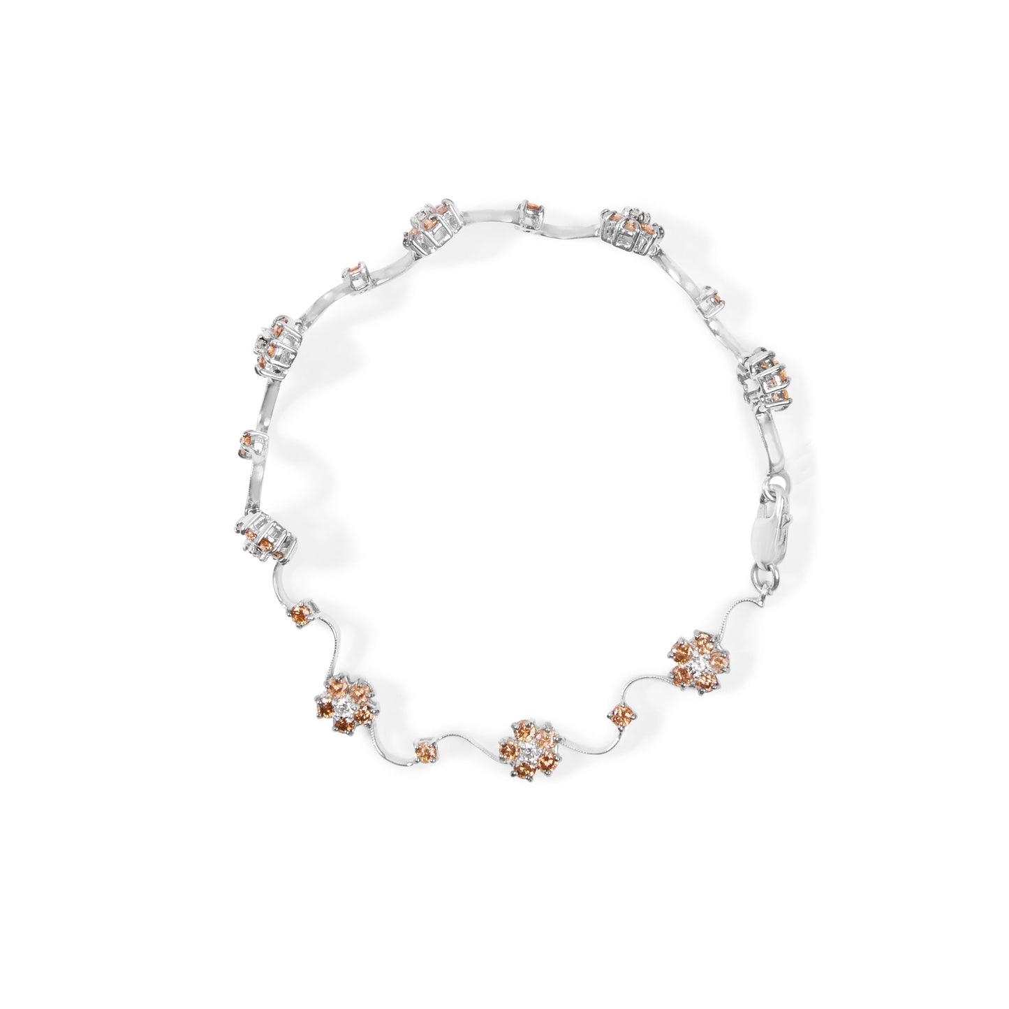 10K White Gold 4.0 Cttw Champagne and White Diamond Floral Cluster and Station Link Bracelet (H-I Color, SI2-I1 Clarity) - 7" Inches Bids.com