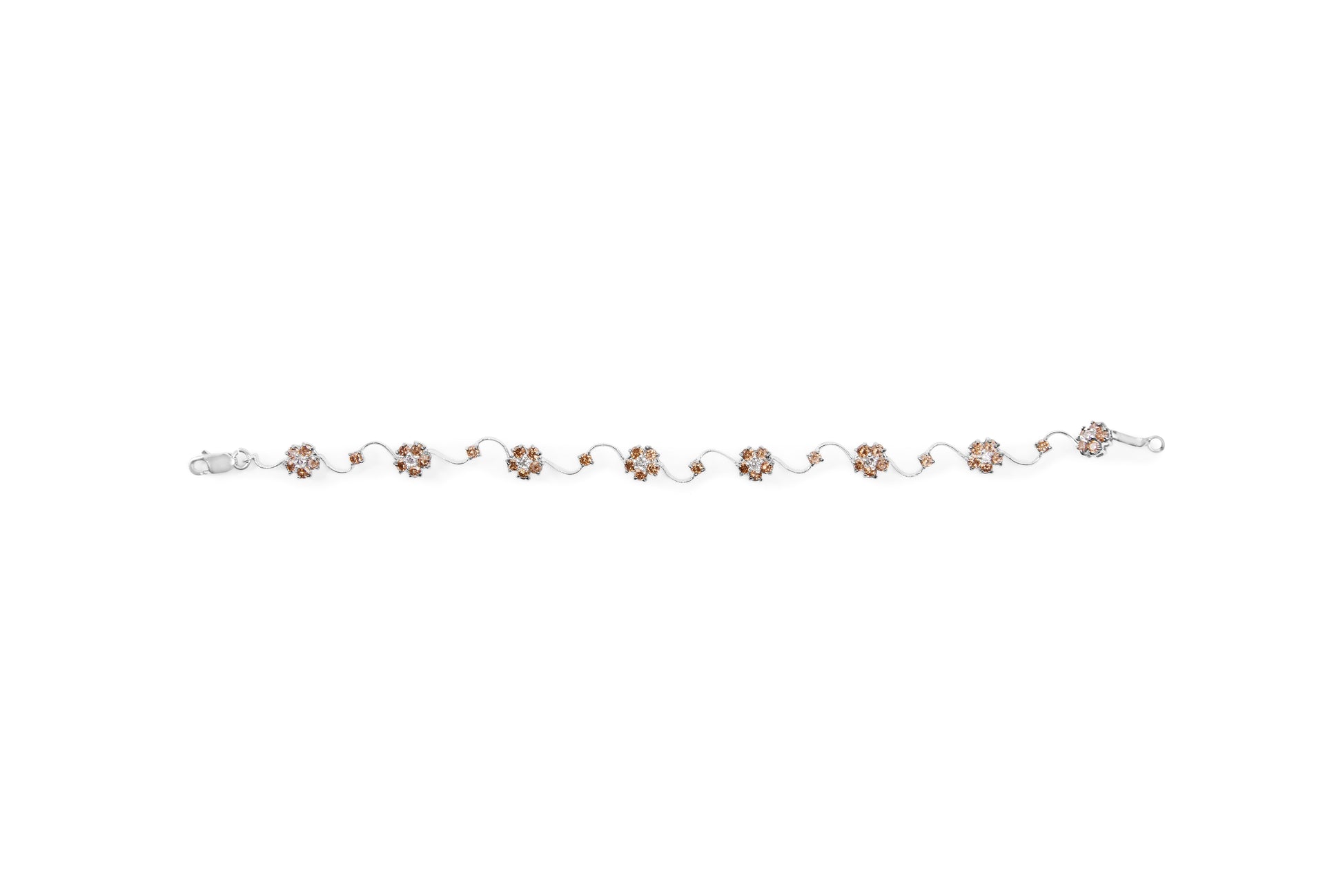 10K White Gold 4.0 Cttw Champagne and White Diamond Floral Cluster and Station Link Bracelet (H-I Color, SI2-I1 Clarity) - 7" Inches Bids.com