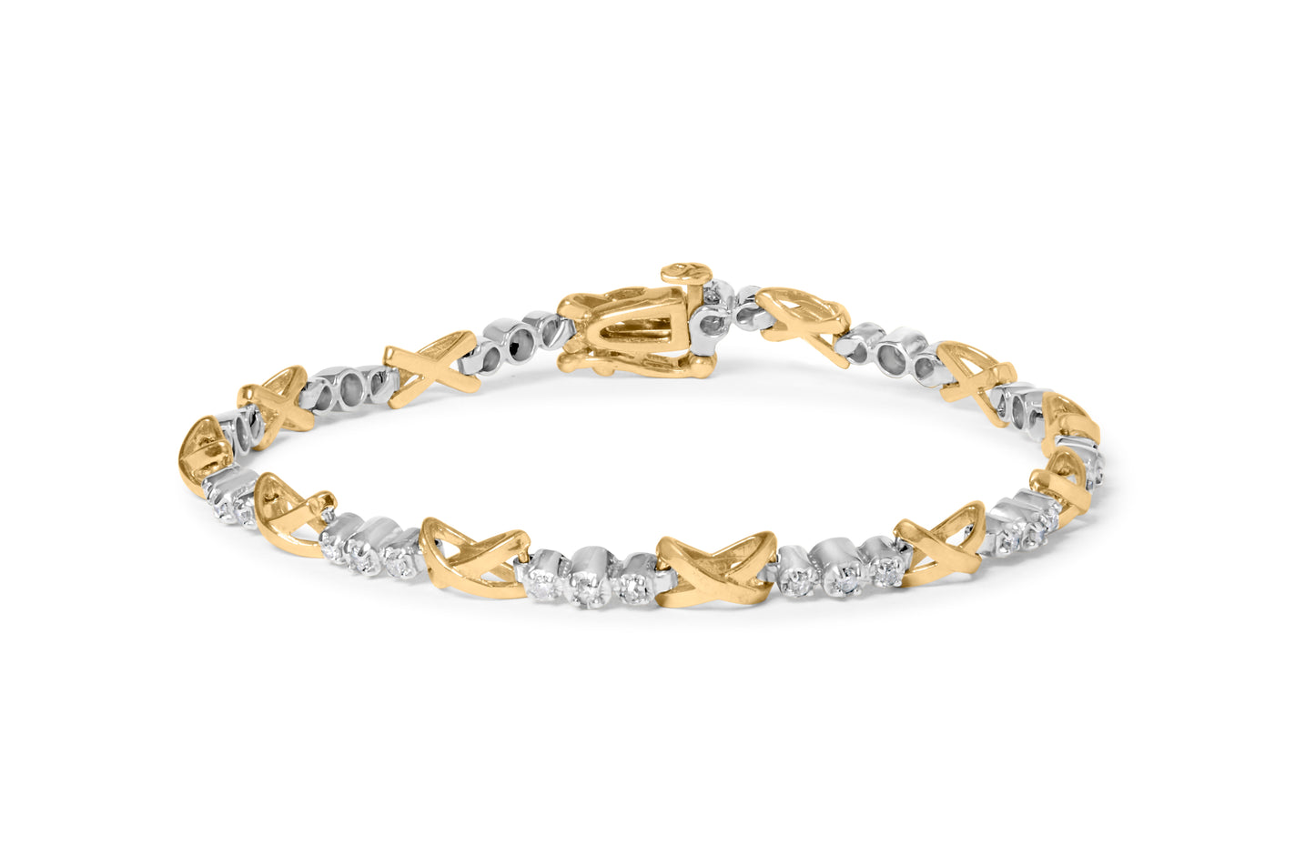 10K Two-Tone Gold 1/2 Cttw Diamond Alternating 3 Stone and X-Link 7" Bracelet (I-J Color, I2-I3 Clarity) Bids.com