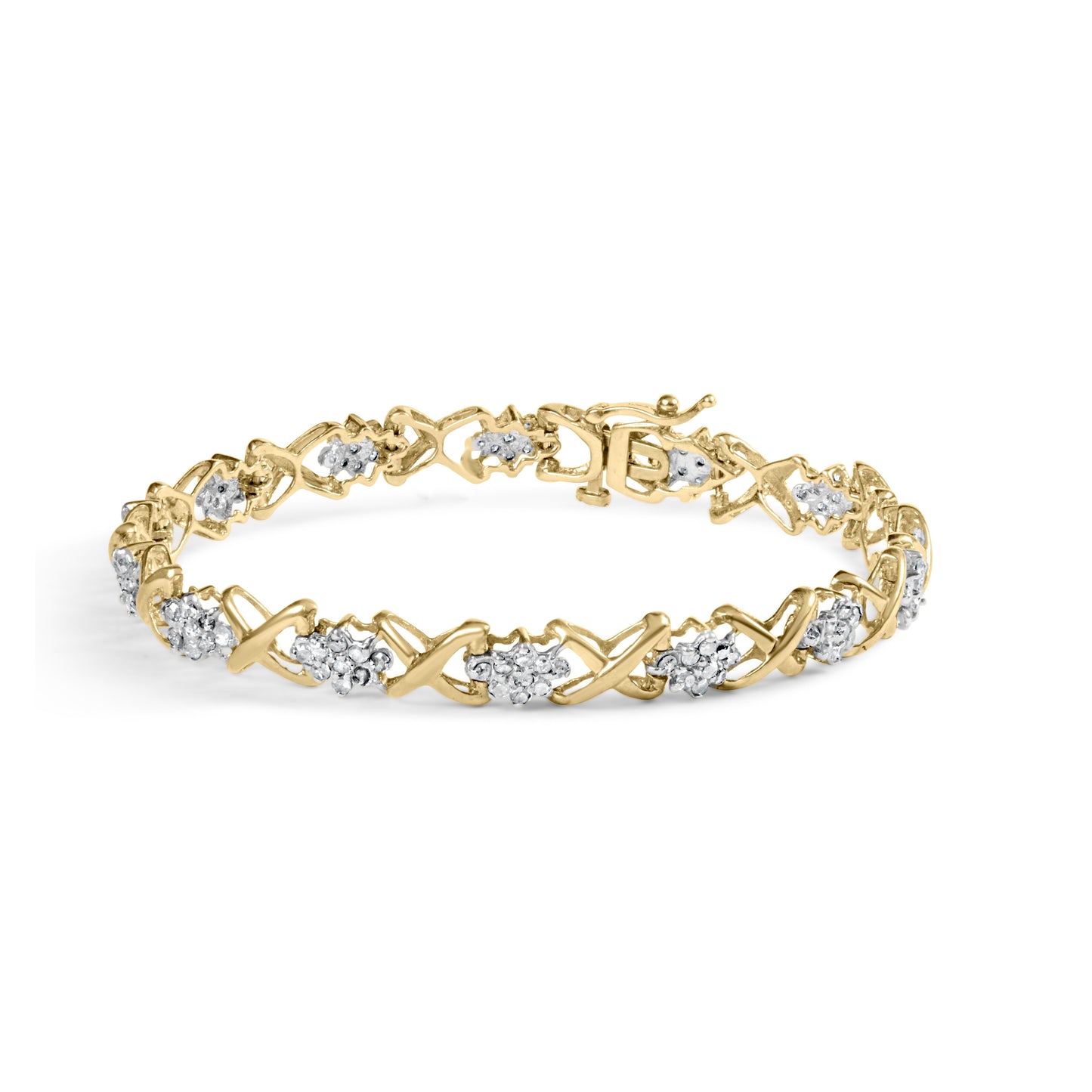 10k Yellow Gold 2.00 Cttw Diamond Cluster and Alternating "X" Link Bracelet (I-J Color, I3 Clarity) - 7" Bids.com