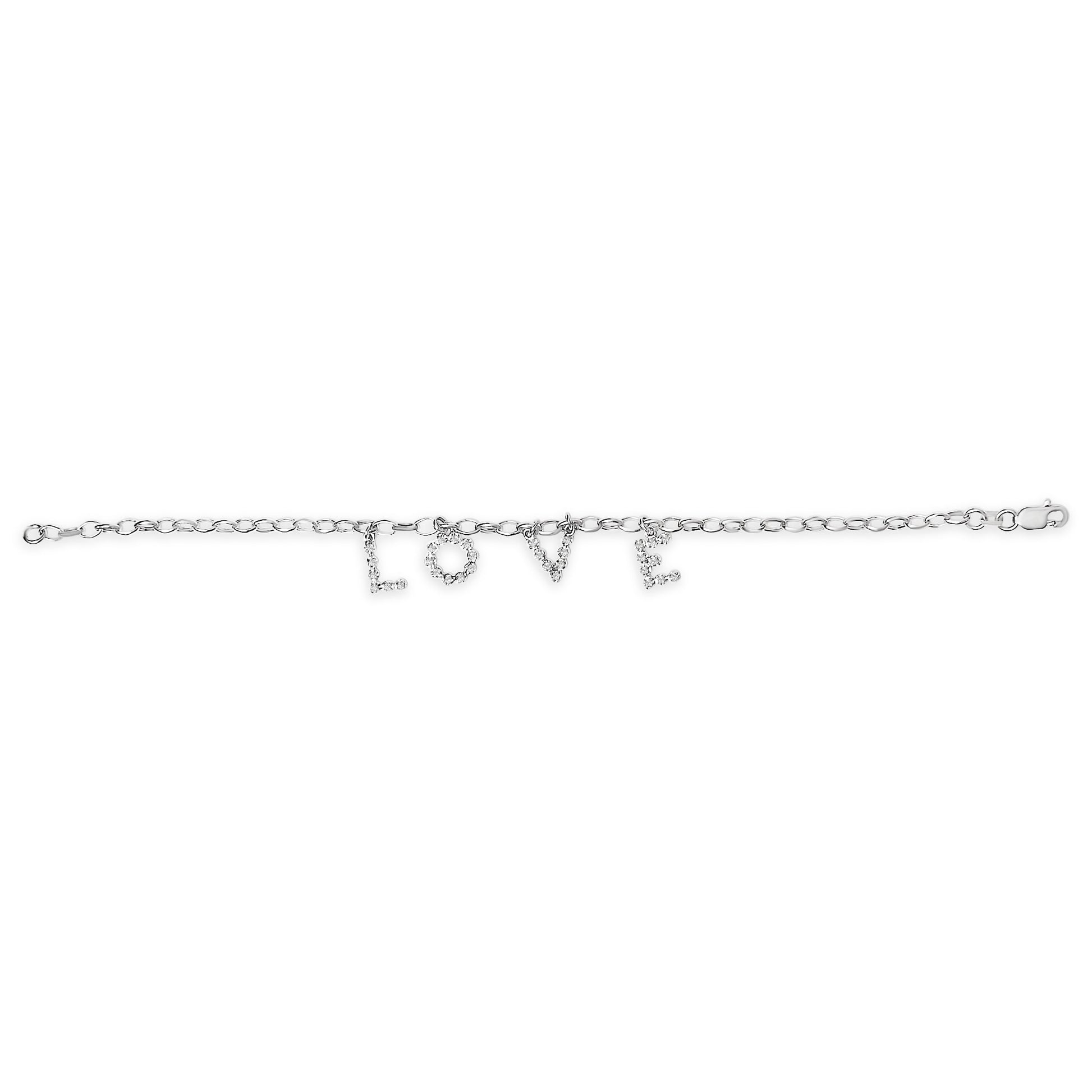 10k White Gold 1/6 Cttw Diamond "Love" Charm Cable Chain Bracelet (H-I Color, I1-I2 Clarity) - 7" Bids.com