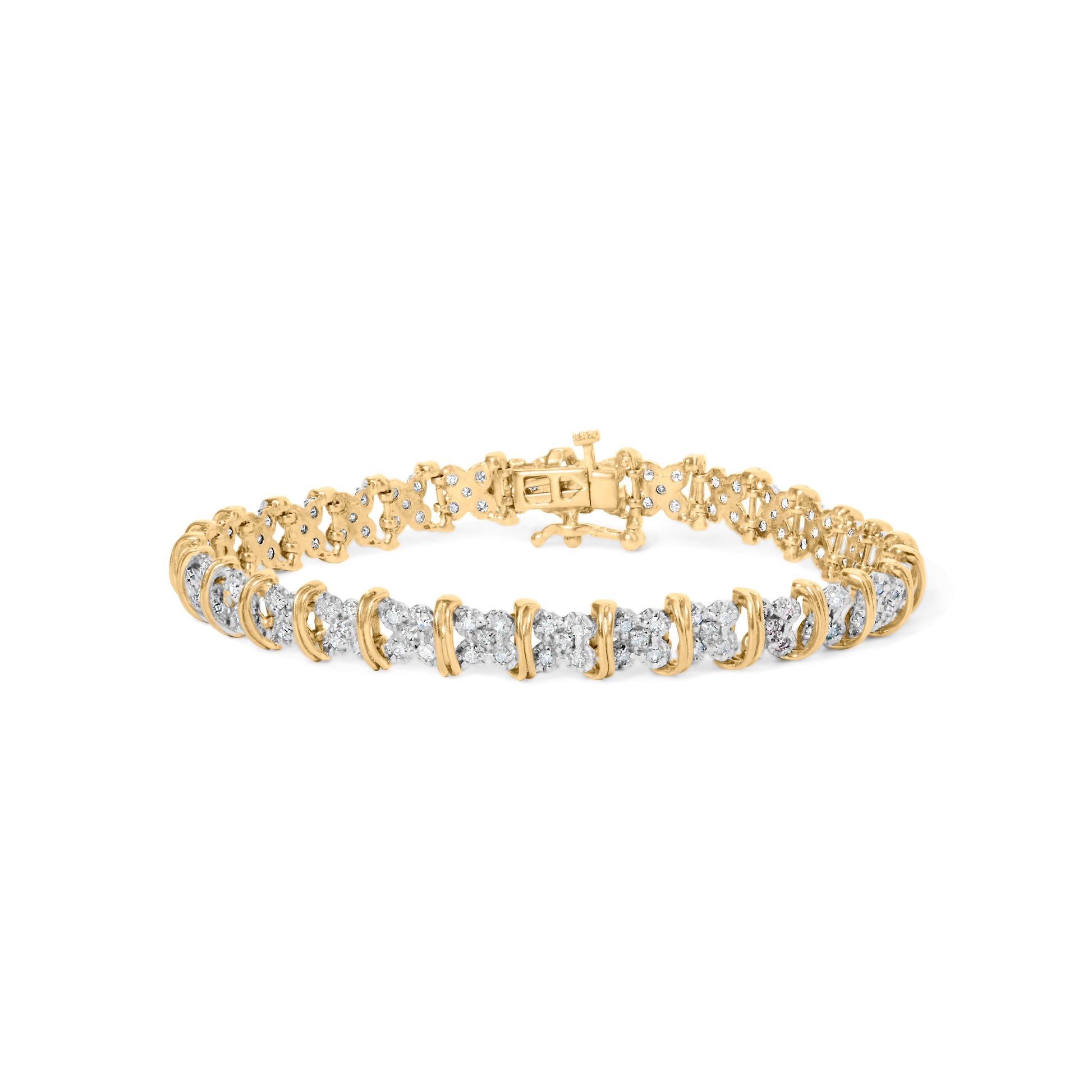 10K Yellow Gold Plated .925 Sterling Silver 2.0 Cttw Round Diamond Cluster "X" Shaped Link Bracelet (H-I Color, I3 Clarity) - 7" Bids.com