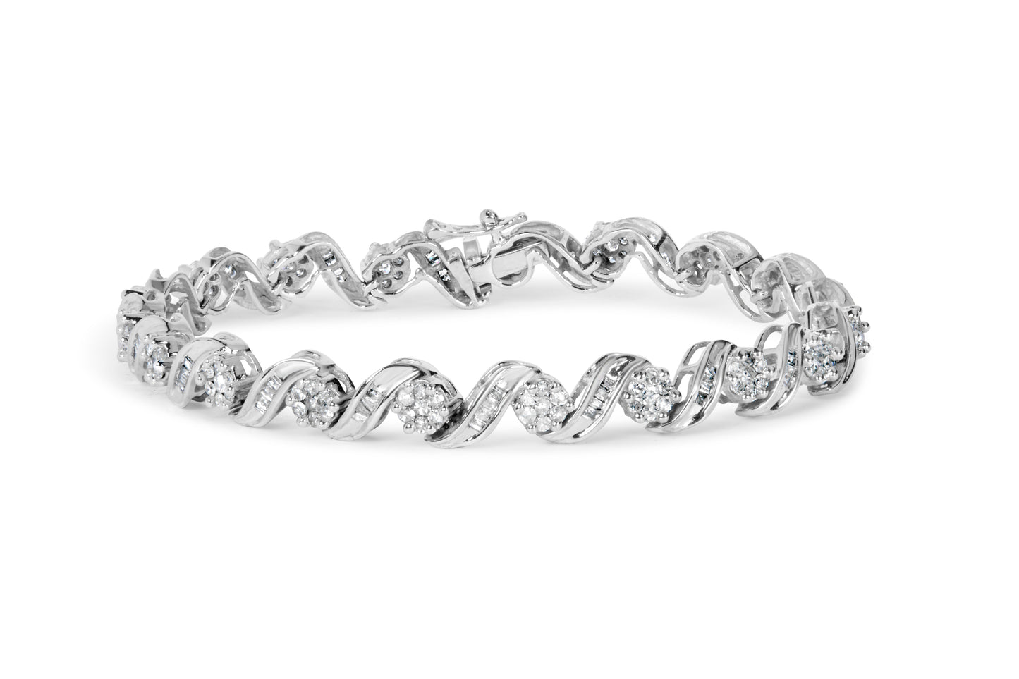 14K White Gold 2.00 Cttw Diamond Cluster and Spiral Link Bracelet (I-J Color, I1-I2 Clarity) - 7" Bids.com
