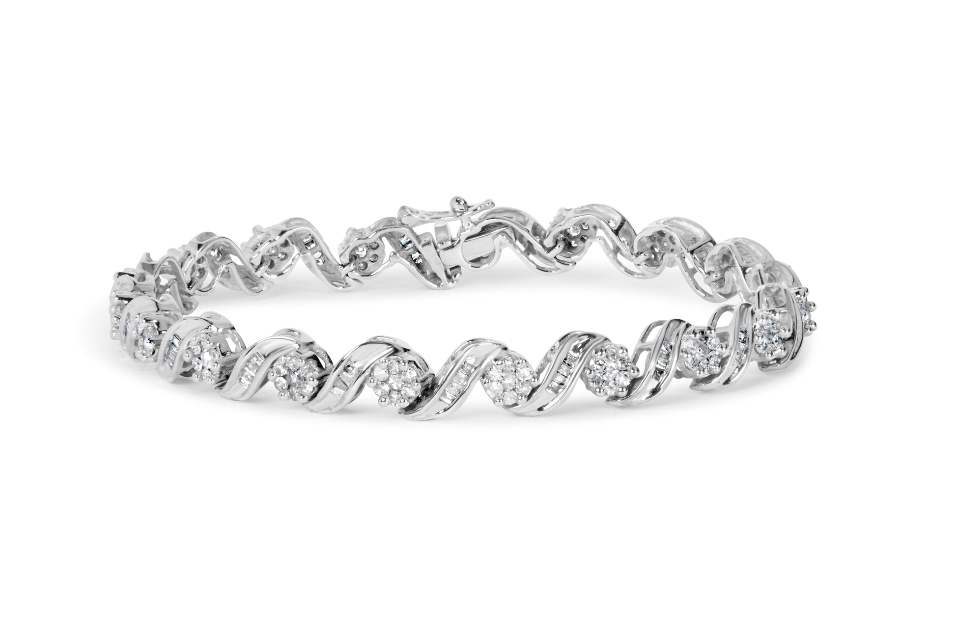14K White Gold 2.00 Cttw Diamond Cluster and Spiral Link Bracelet (I-J Color, I1-I2 Clarity) - 7" Bids.com
