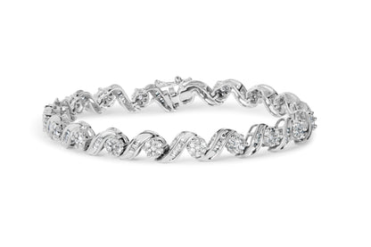 14K White Gold 2.00 Cttw Diamond Cluster and Spiral Link Bracelet (I-J Color, I1-I2 Clarity) - 7" Bids.com