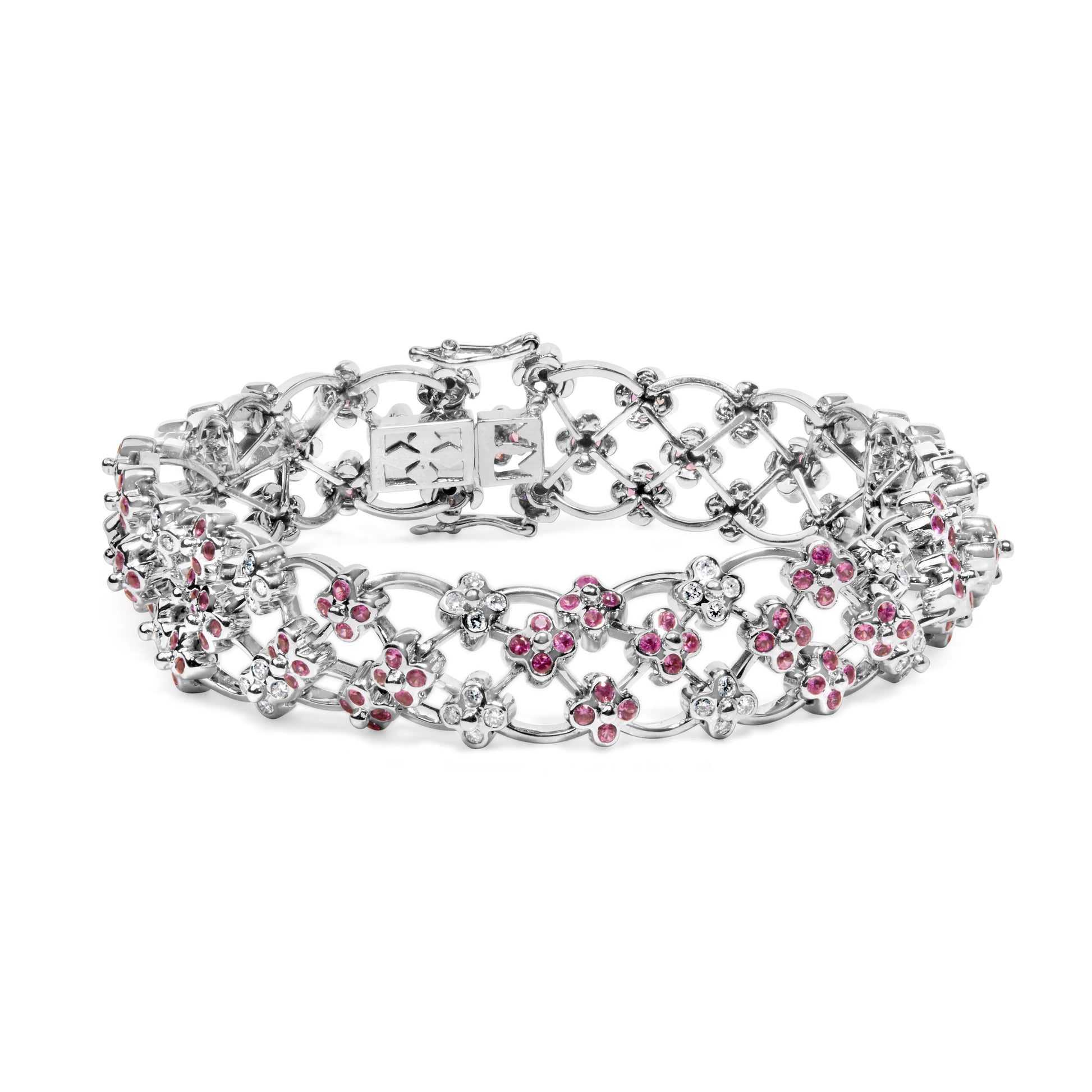 14K White Gold Pink Sapphire and Diamond Floral Lattice Link Bracelet - 7.25" Inches Bids.com