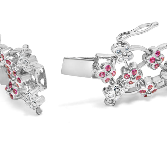 14K White Gold Pink Sapphire and Diamond Floral Lattice Link Bracelet - 7.25" Inches Bids.com