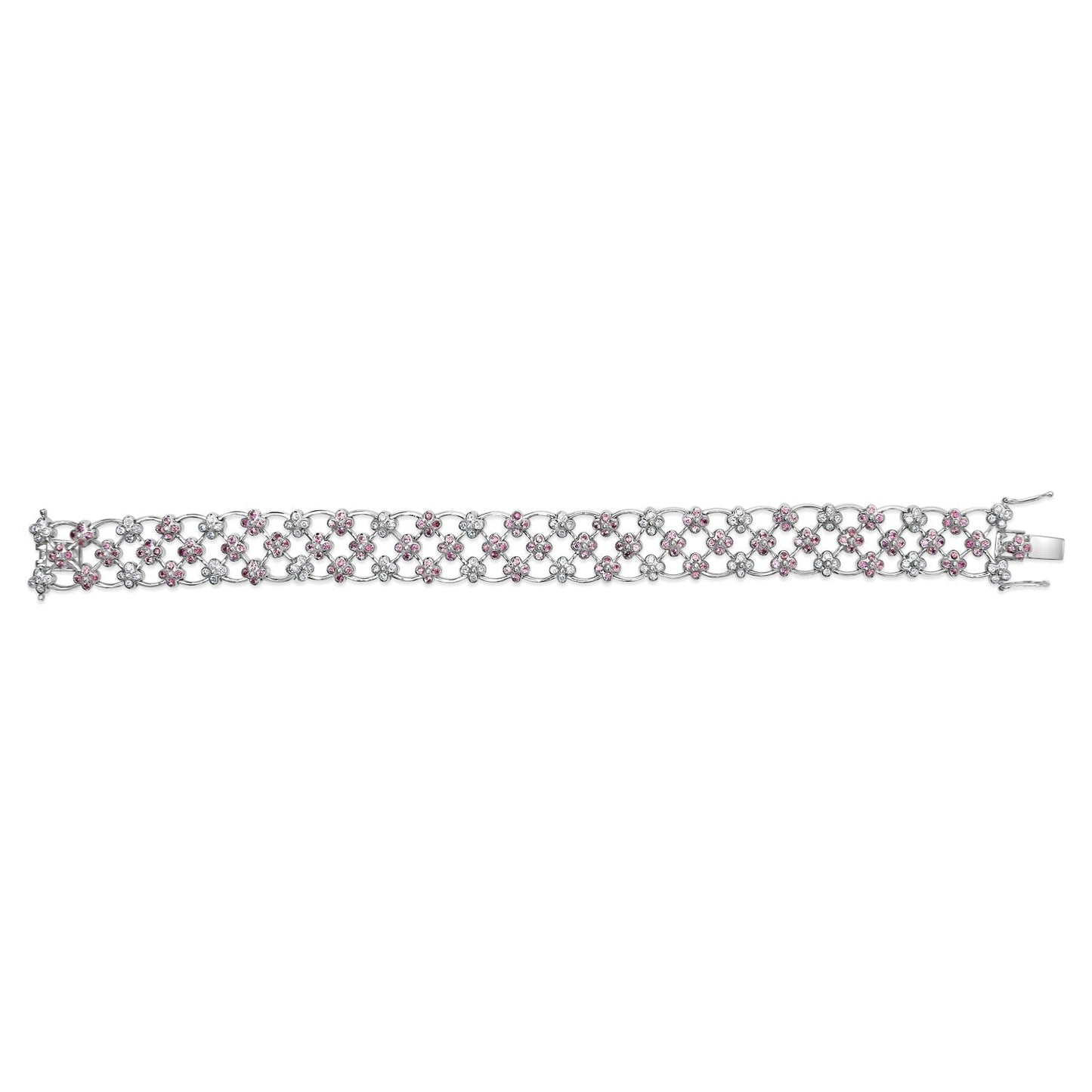 14K White Gold Pink Sapphire and Diamond Floral Lattice Link Bracelet - 7.25" Inches Bids.com