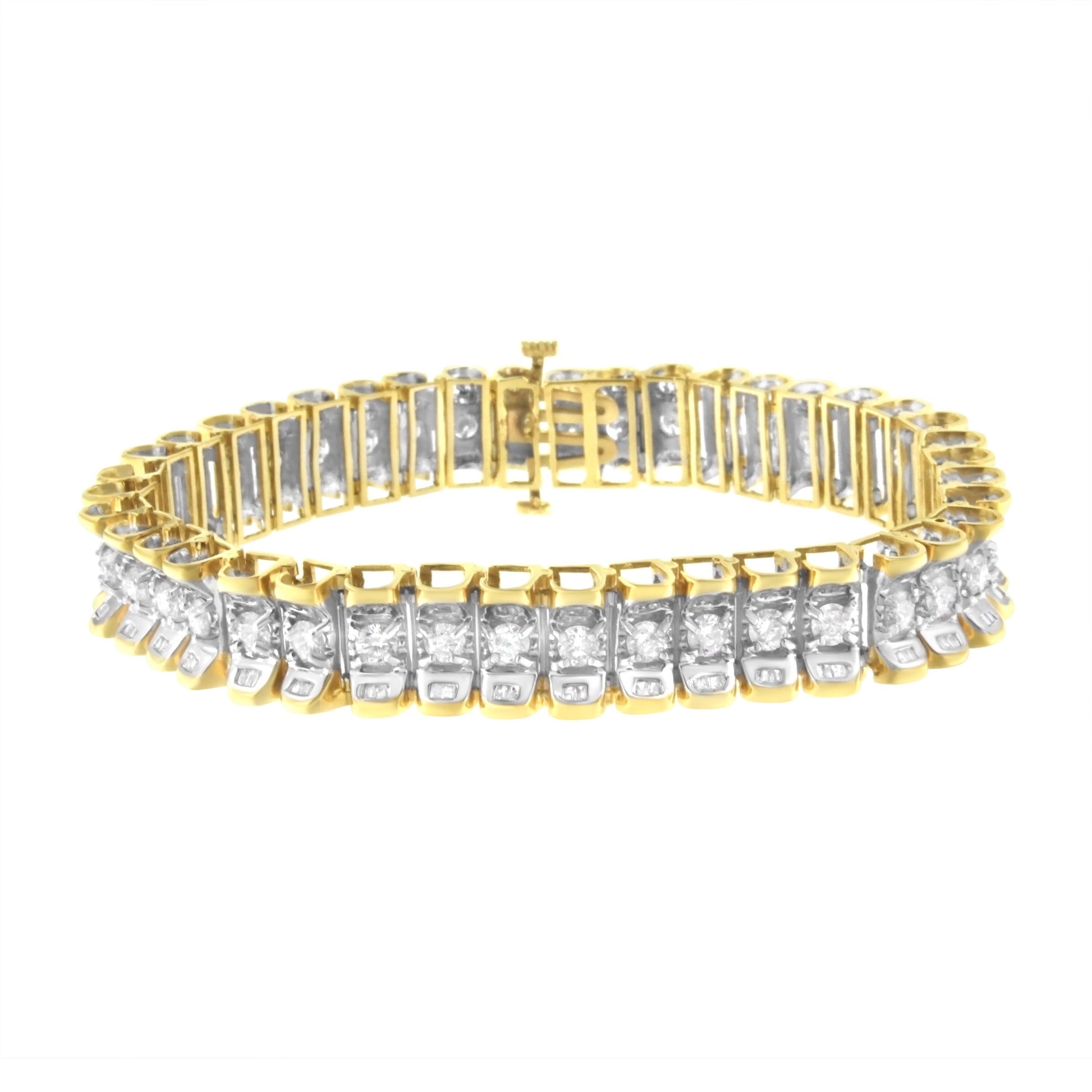 14K Yellow and White Gold 5.0 Cttw Round & Baguette Cut Diamond 7" Reflective Tennis Bracelet (H-I Color, I1-I2 Clarity) Bids.com