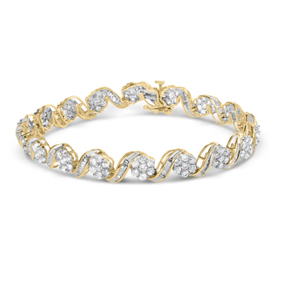 10k Yellow Gold 5.00 Cttw Round-Cut and Baguette-Cut Diamond Floral Link 7.25" Bracelet (I-J Color, I2-I3 Clarity) Bids.com
