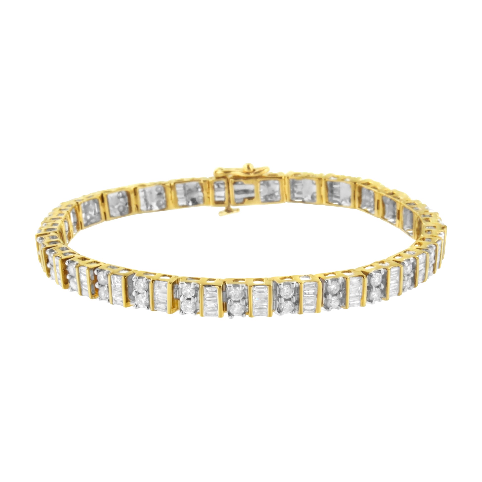 10K Yellow Gold 4.0 Cttw Alternating Baguette & Round Cut Diamond Bezel- & Prong-Set 7" Tennis Bracelet (G-H Color, SI1-SI2 Clarity) Bids.com