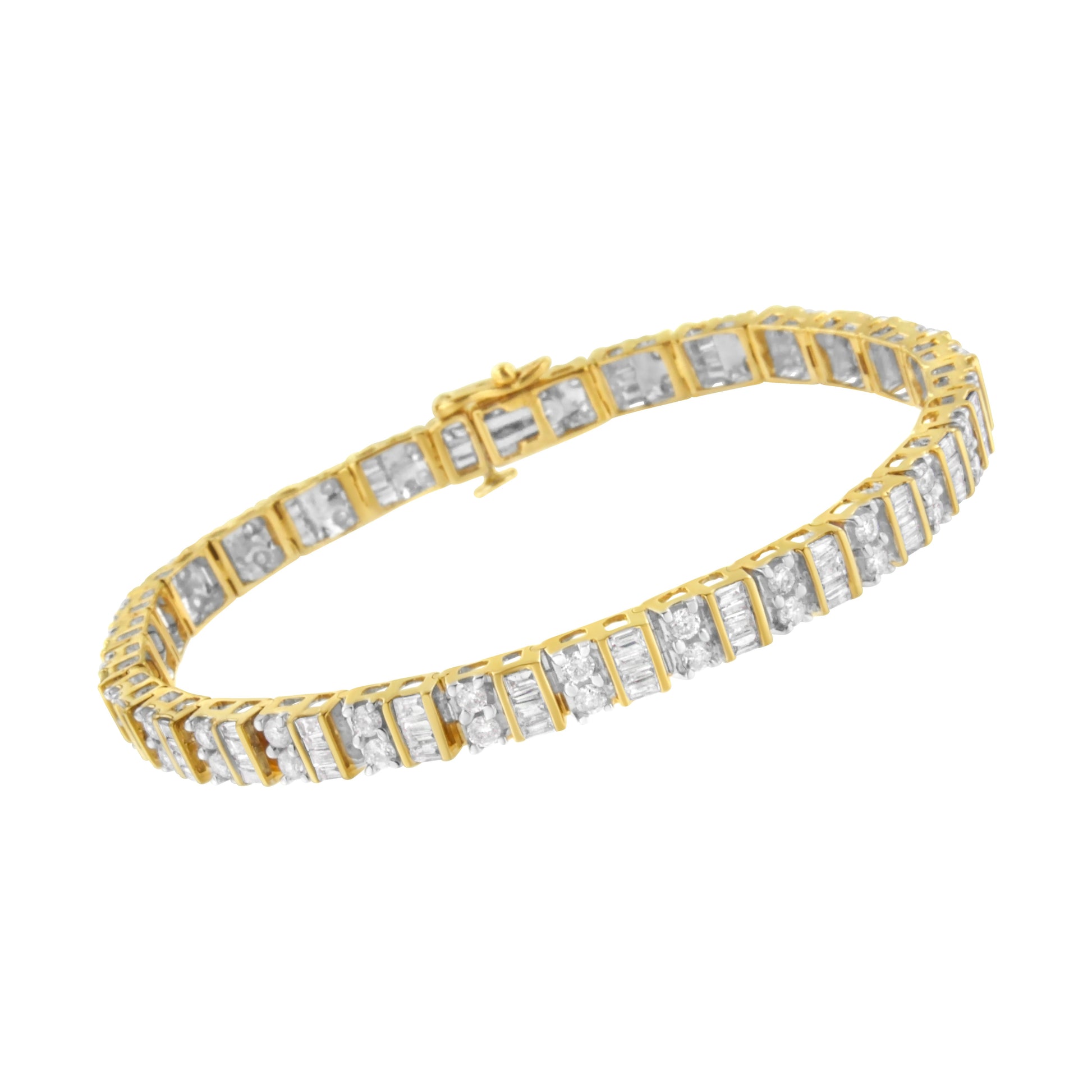 10K Yellow Gold 4.0 Cttw Alternating Baguette & Round Cut Diamond Bezel- & Prong-Set 7" Tennis Bracelet (G-H Color, SI1-SI2 Clarity) Bids.com