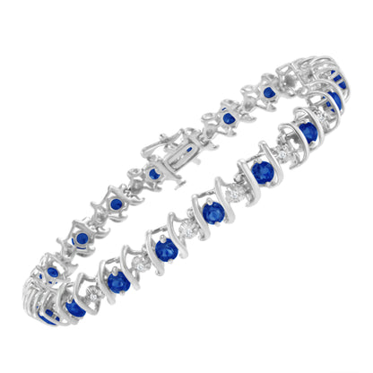 .925 Sterling Silver, Lab-Grown Gemstone and 4 Cttw Round Diamond Tennis Bracelet (H-I Color, I1-I2 Clarity) - Created Blue Sapphire, September Birthstone Bids.com