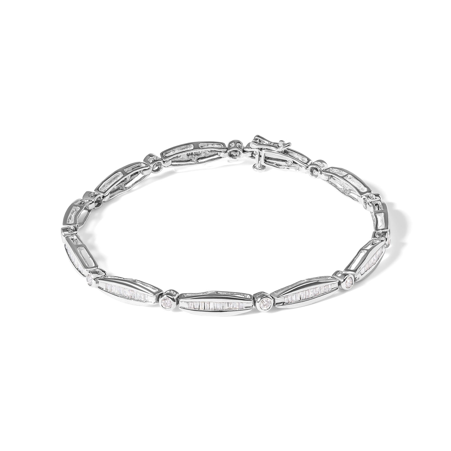 14K White Gold 1-1/2 Cttw Round Brilliant-Cut & Baguette Cut Diamond Bezel and Tapered Link 7" Tennis Bracelet (H-I Color, I1-I2 Clarity) Bids.com